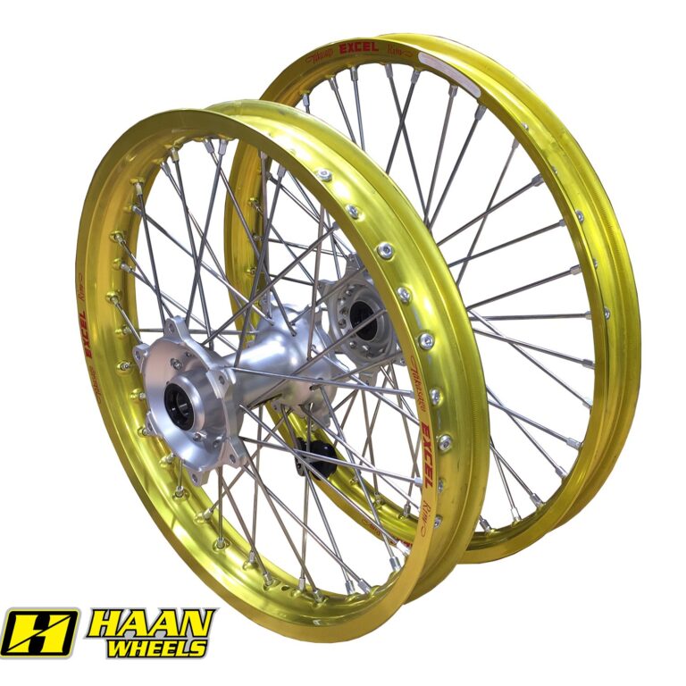 Excel achterwiel compleet gele velg + Haan Wheels zilvere naaf 19-2.15 Suzuki RM-Z 450 2005-2022
