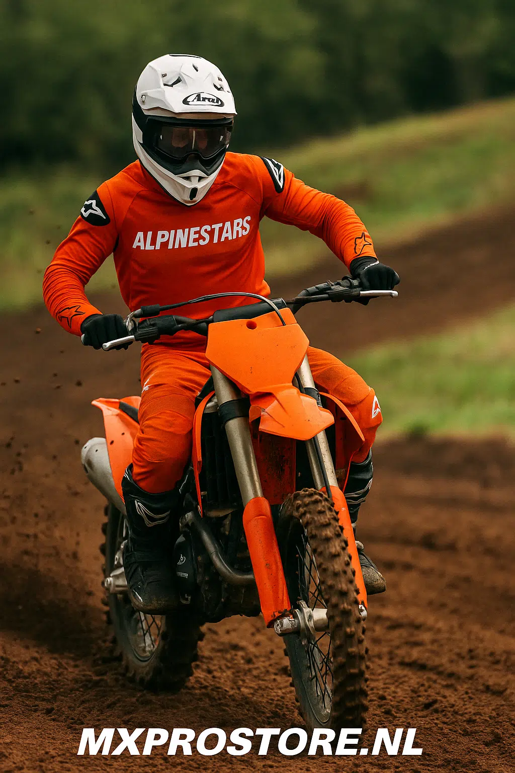 Een motorcrosser met Arai crosshelm en volledige Alpinestars uitrusting in actie op een modderige baan