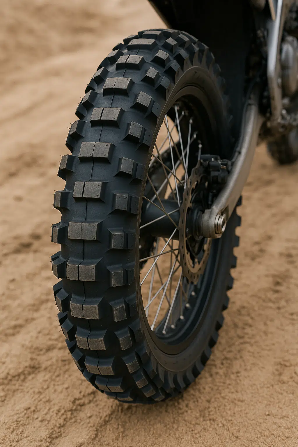 Close-up van een nieuwe buitenband voor een crossmotor met grof profiel op een zanderige ondergrond
