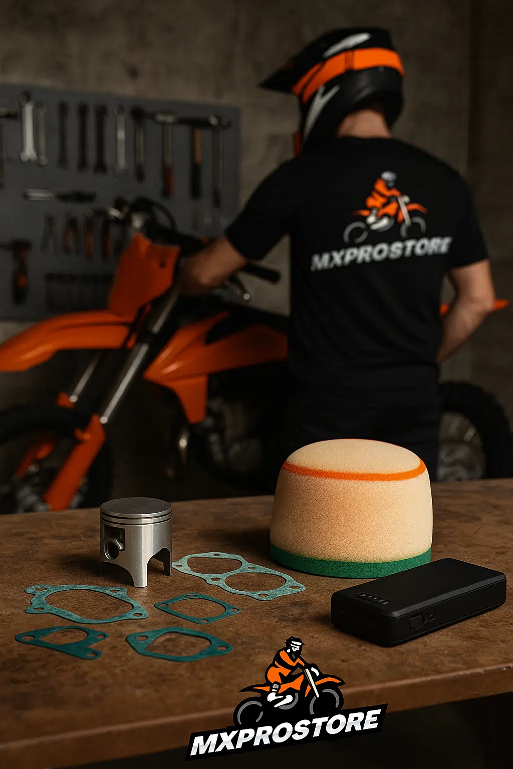 Een werkbank met motoronderdelen waaronder een zuiger, luchtfilter, olie en een jumpstarter, met een motorcrossrijder sleutelend op de achtergrond