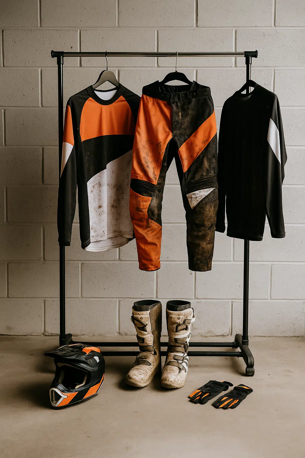 Motorcross kleding hangt te drogen aan een rek na een modderige rit, met helm, laarzen en handschoenen netjes uitgespreid in een garage
