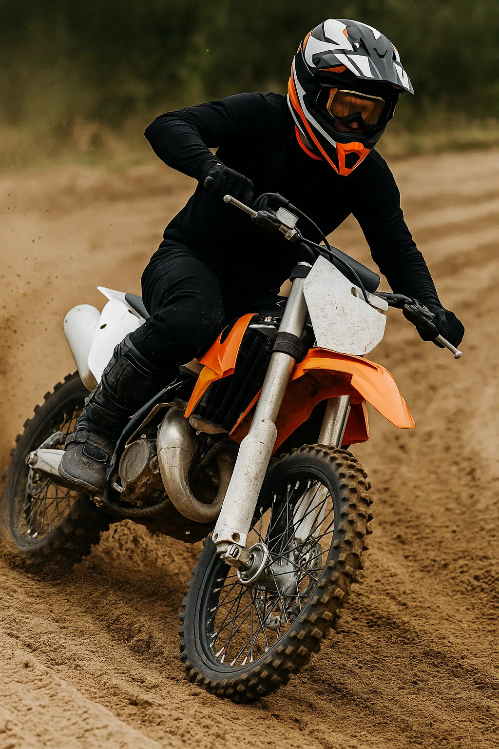 Een motorcrosser in actie op een zanderige baan, met duidelijke focus op zijn zwarte kniebeschermers tijdens het nemen van een bocht