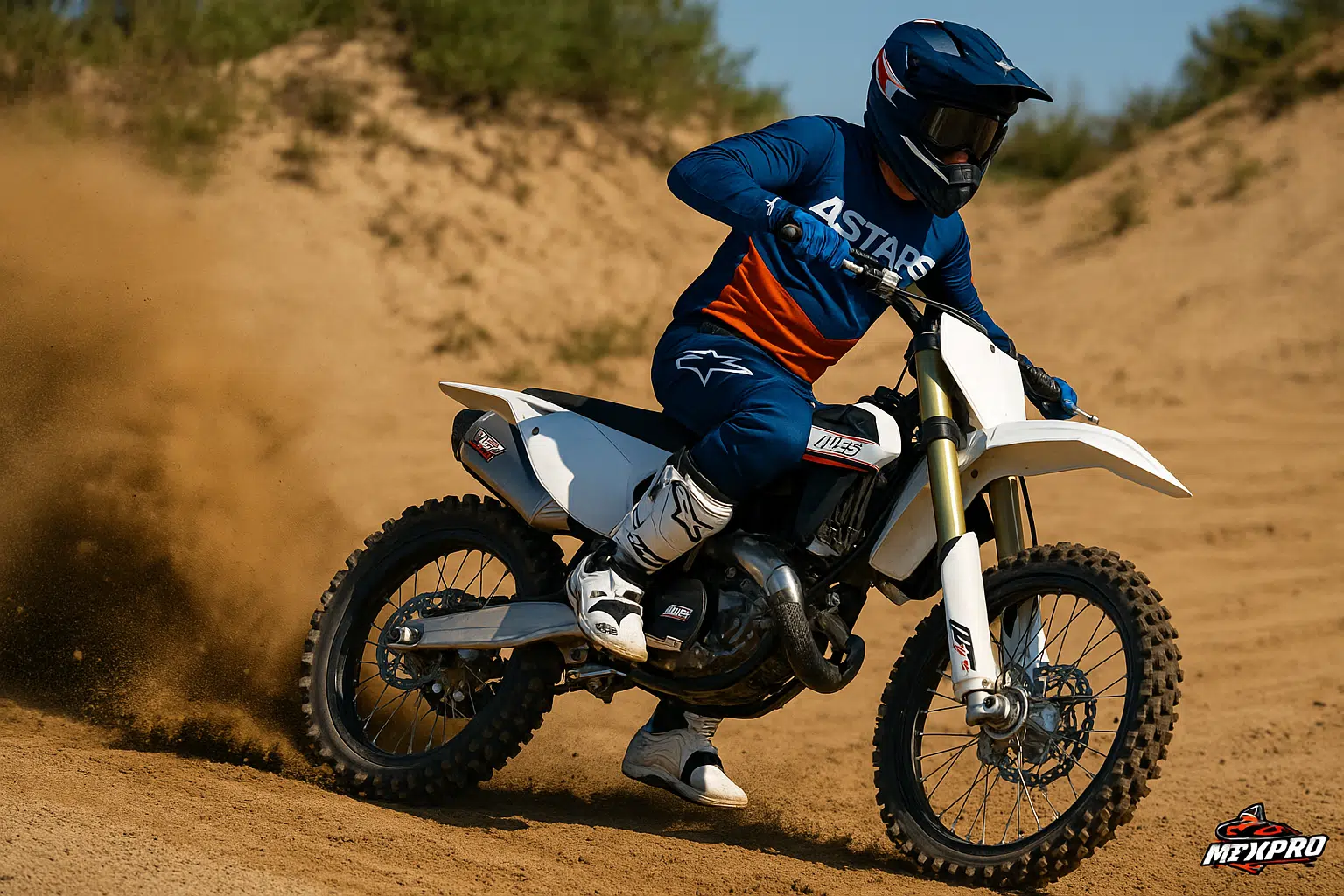 Een motocrossrijder in actie op een zandbaan, volledig uitgerust met een Alpinestars Tech 10 laars, crosshelm en HGS uitlaat