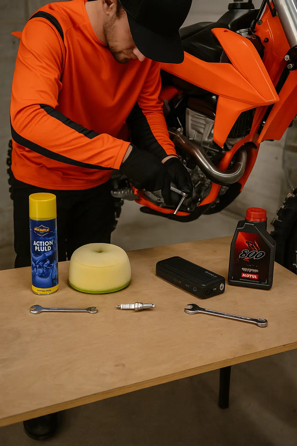 Een crosser sleutelt in een garage aan zijn KTM motor terwijl onderdelen, olie en gereedschap verspreid liggen op de werkbank