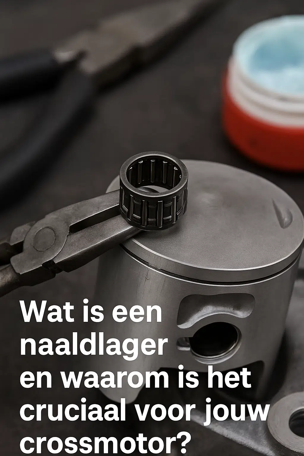 Een naaldlager wordt gemonteerd in een zuigerpenopening van een 2-takt crossmotor, met vet en precisietang op de achtergrond in een werkplaatsomgeving