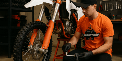 Een motorcrosser monteert nieuwe onderdelen aan zijn crossmotor in een goed uitgeruste werkplaats