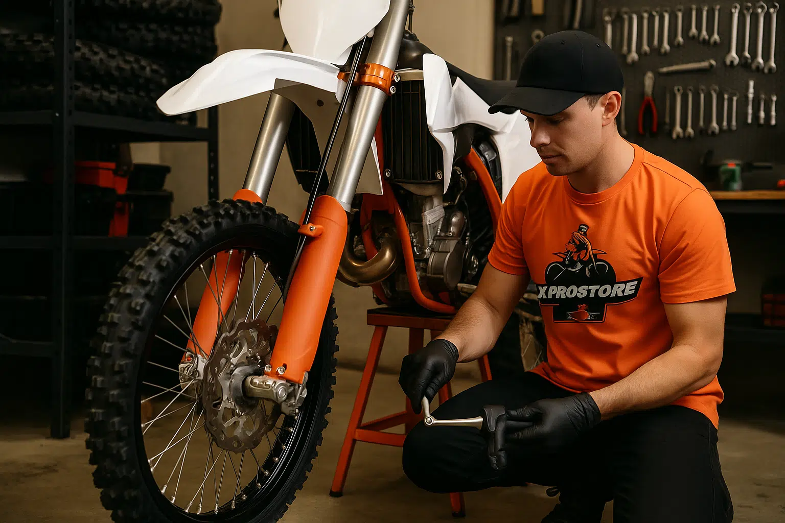 Een motorcrosser monteert nieuwe onderdelen aan zijn crossmotor in een goed uitgeruste werkplaats