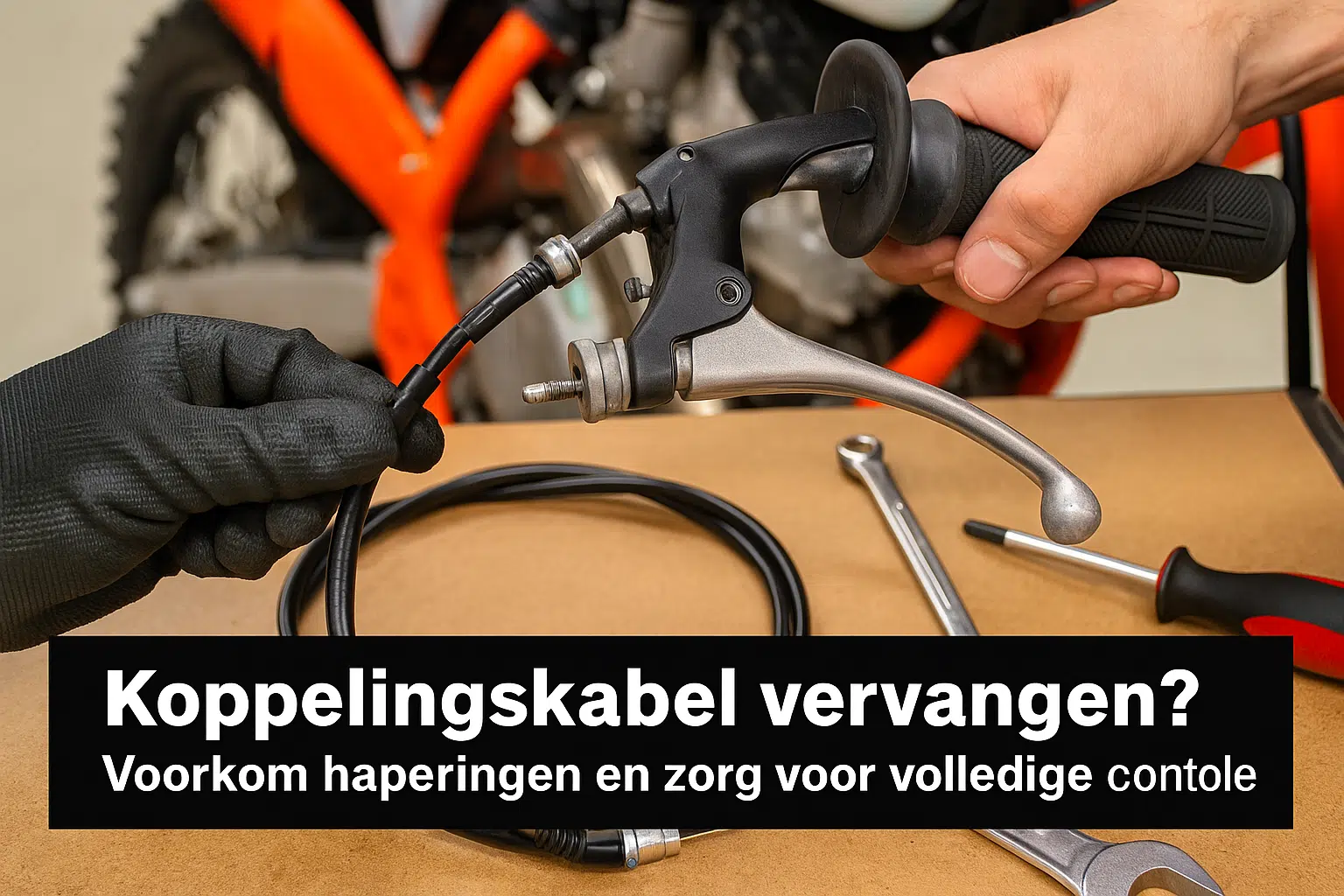 Een monteur vervangt een koppelingskabel op een crossmotor terwijl de hendel open ligt, met gereedschap en nieuwe kabel zichtbaar op de achtergrond