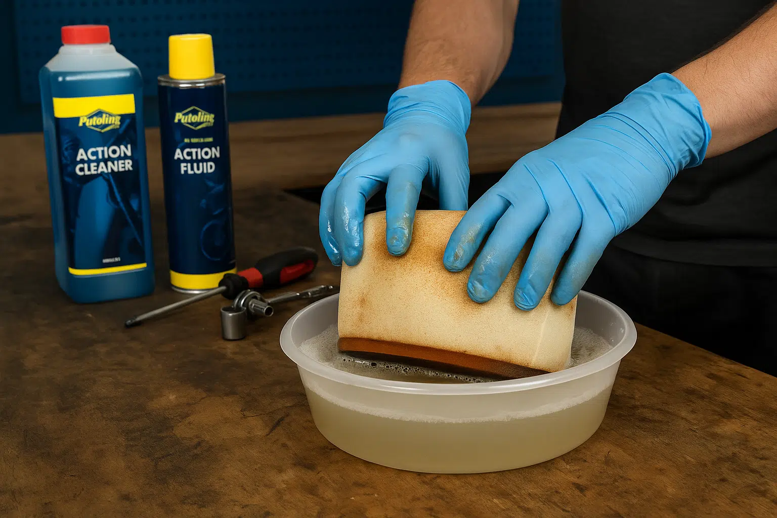 Een monteur dompelt een vies luchtfilter in een emmer met reinigingsmiddel op een werkbank met Putoline producten en gereedschap