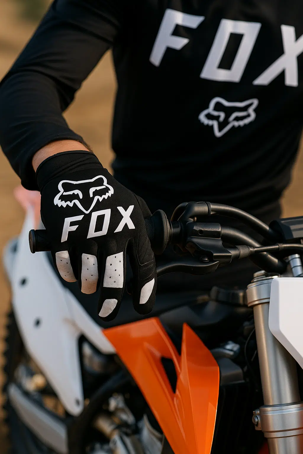 Motocross rijder met Fox Racing handschoenen op crossmotor – grip en stijl gecombineerd