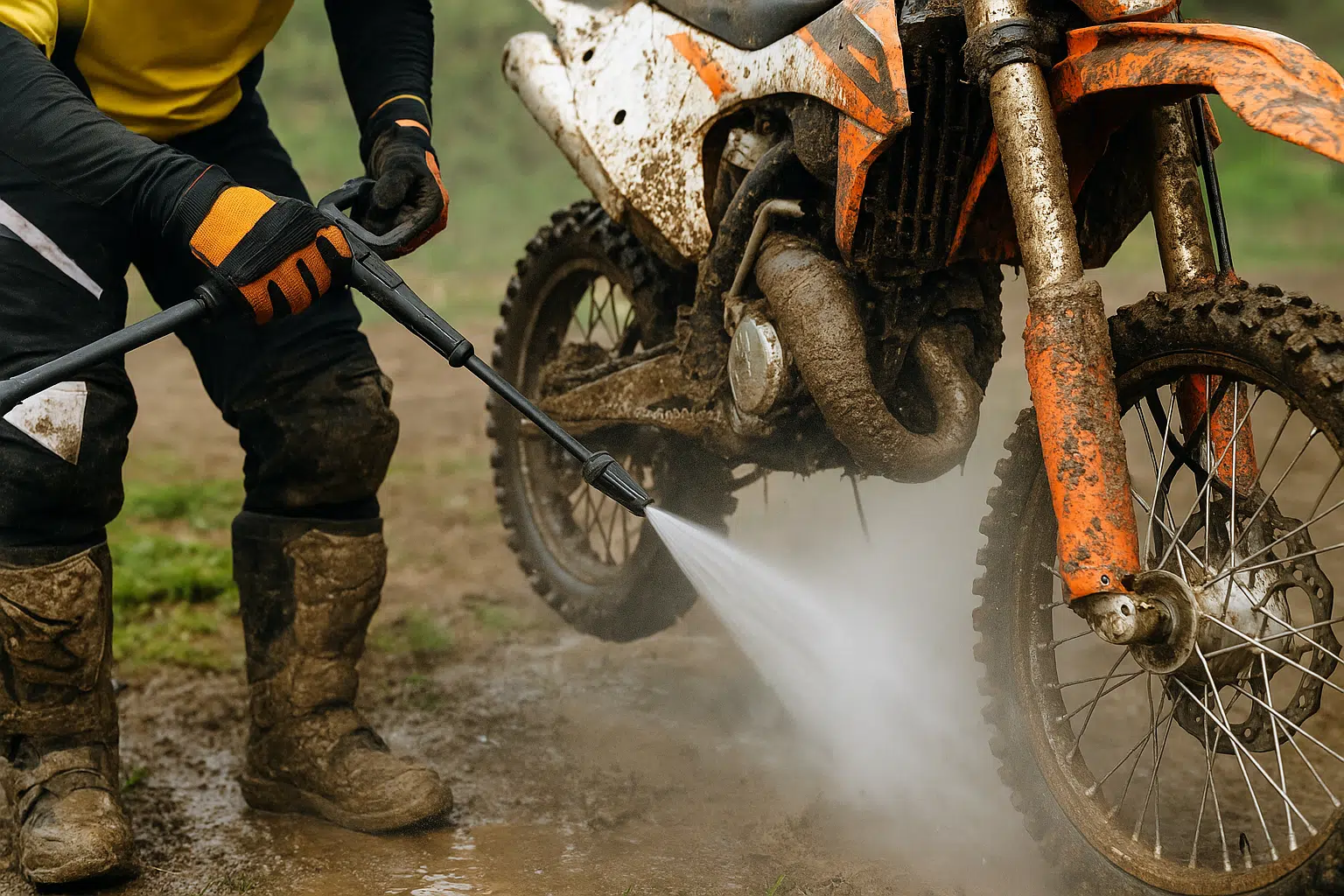 Crosser spuit modder van zijn motor met reiniger – focus op ketting, wielen en frame