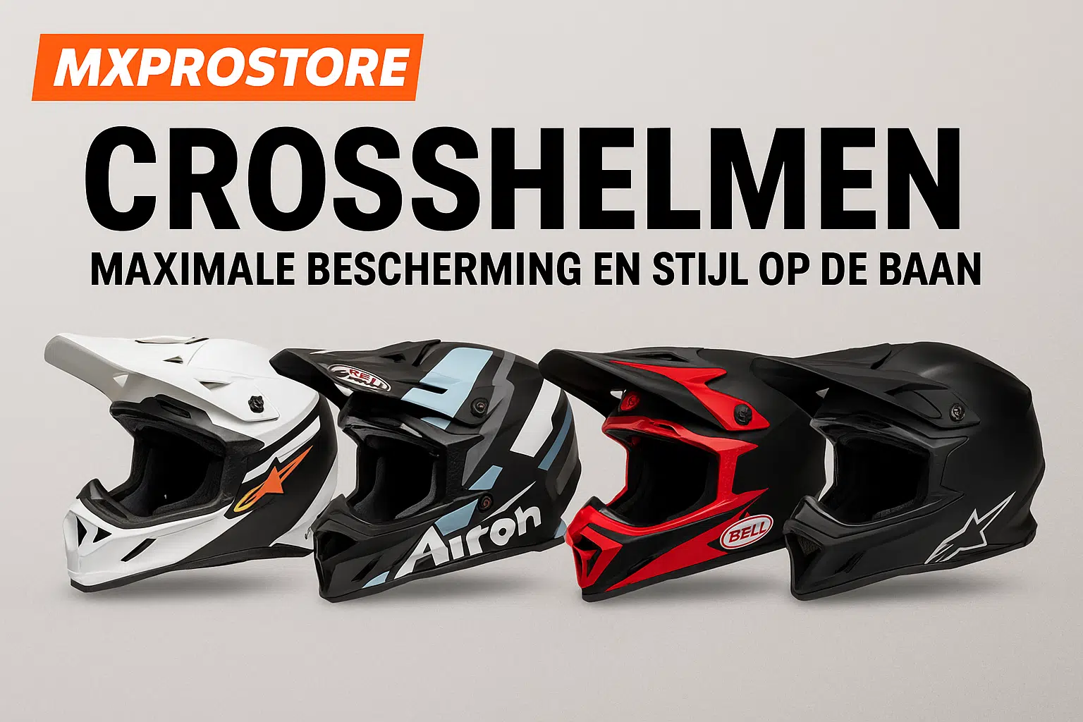 Verschillende crosshelmen op rij – modellen van Alpinestars, Airoh en Bell bij MXPROSTORE