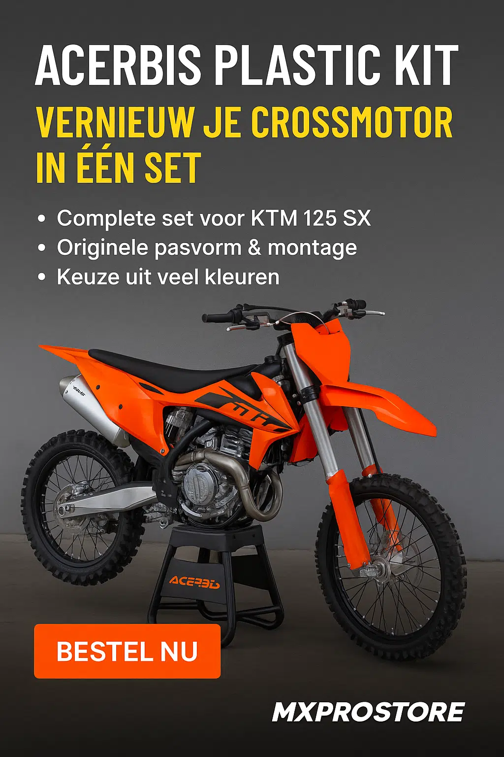 Acerbis plastic kit voor KTM 125 SX – complete set in oranje en zwart, gemonteerd op crossmotor