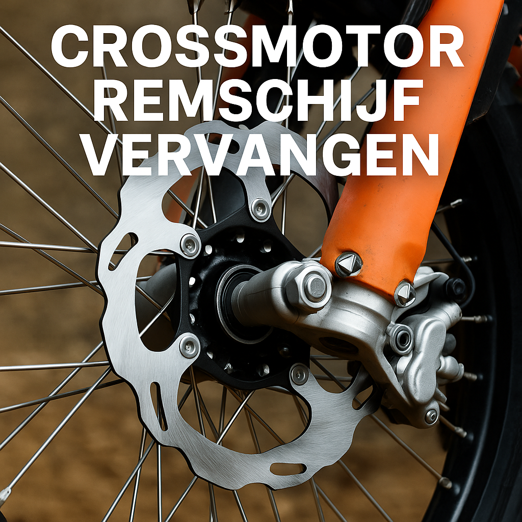 Close-up van crossmotor wiel met nieuwe remschijf en gemonteerde remklauw.