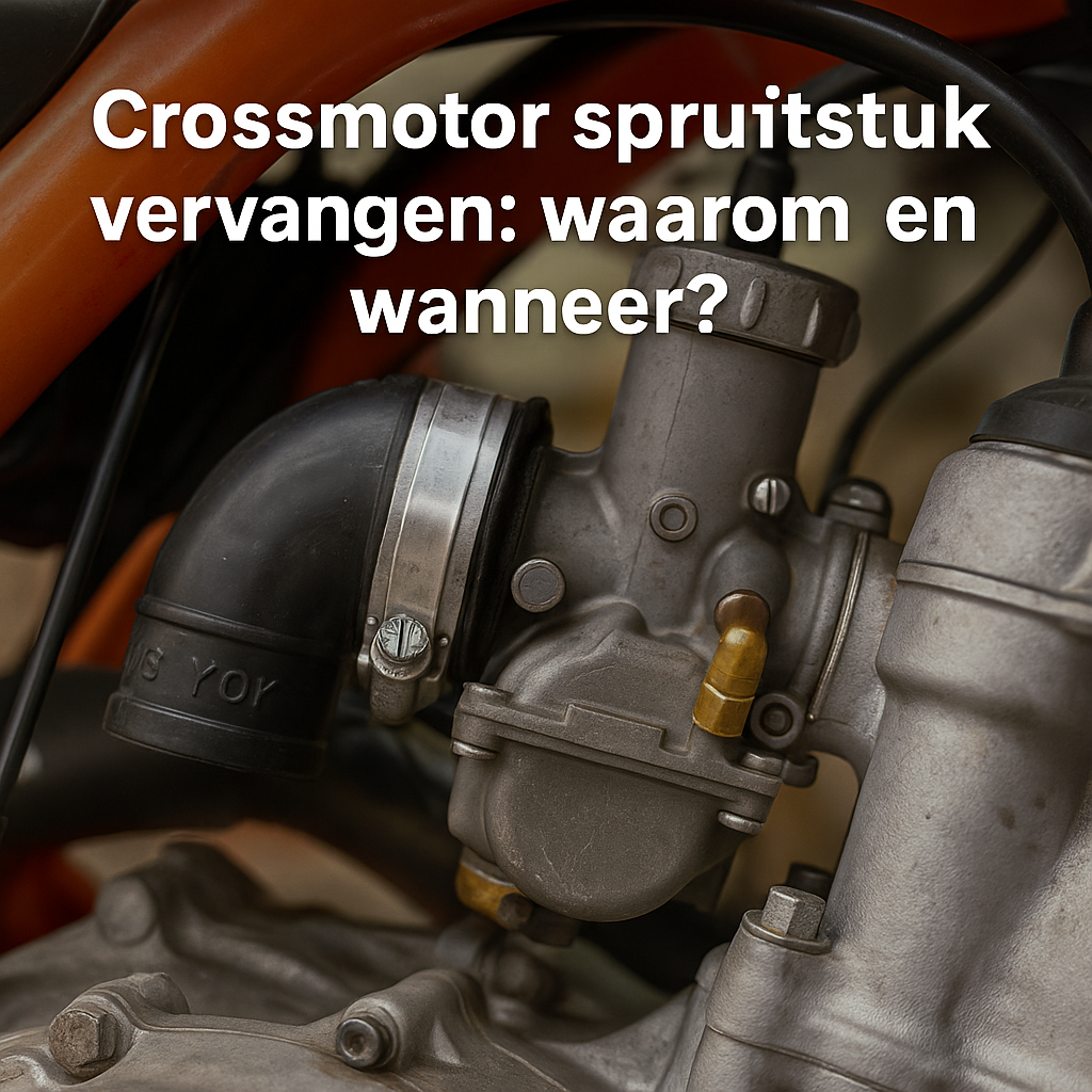 Close-up van een crossmotor spruitstuk gemonteerd tussen carburateur en cilinder.