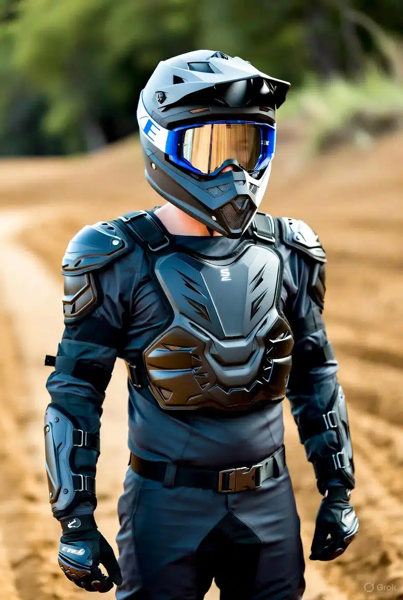 Motocross rijder met crossbodyprotector en helm op zandbaan, volledig in beschermende gear.