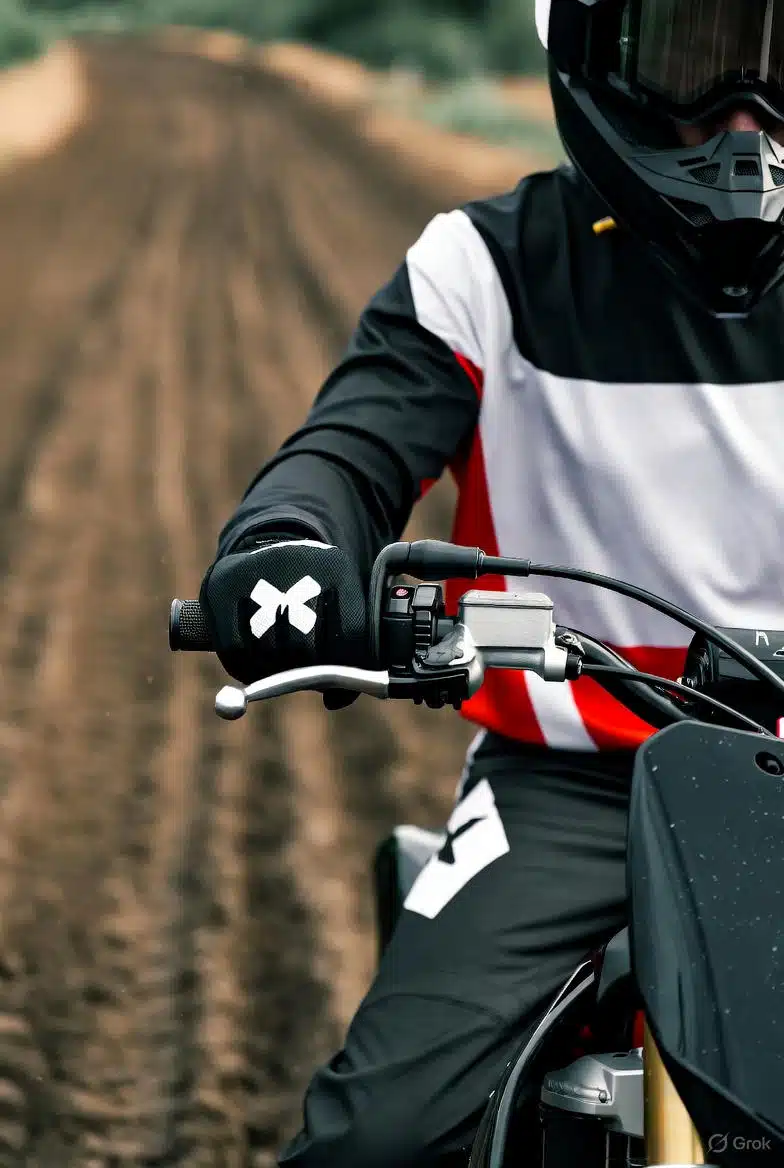 Motocross rijder met zwarte crosshandschoenen en helm op crossmotor met modderige ondergrond.