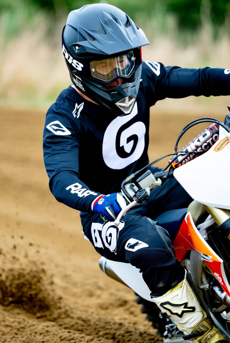 Motocross rijder met knieprotectors zichtbaar over broek, in actie op zandbaan