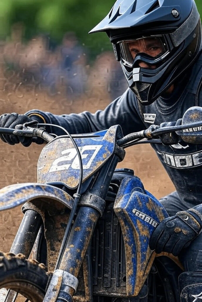 Motocross rijder met motocross handschoenen die het stuur vasthoudt op modderige baan.