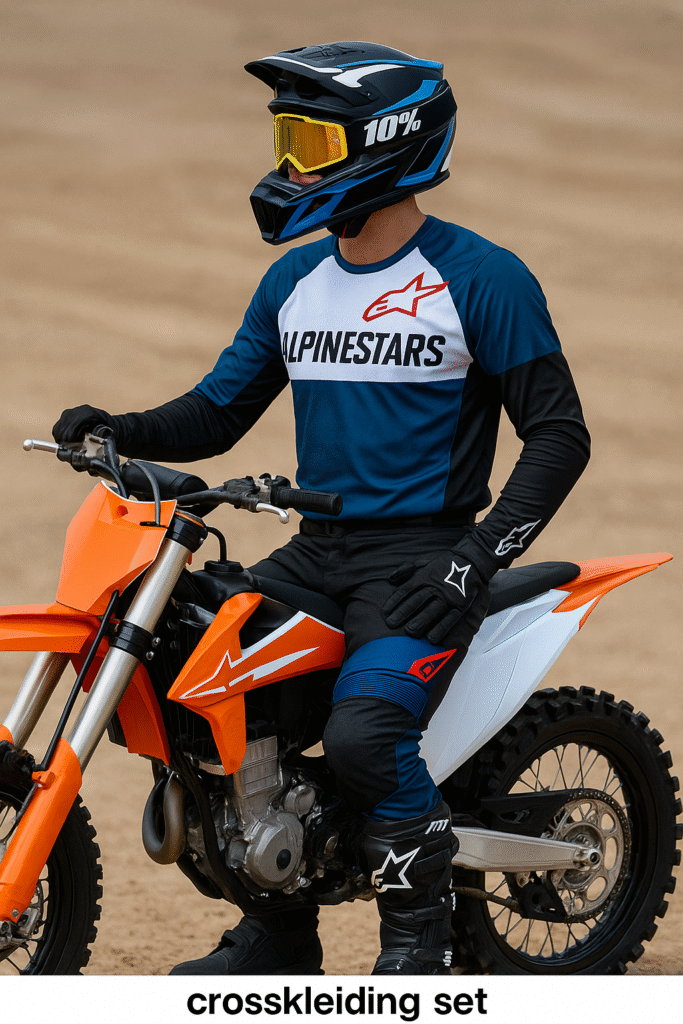 Motocross rijder in volledige crosskleding set met helm, bril, laarzen en handschoenen.
