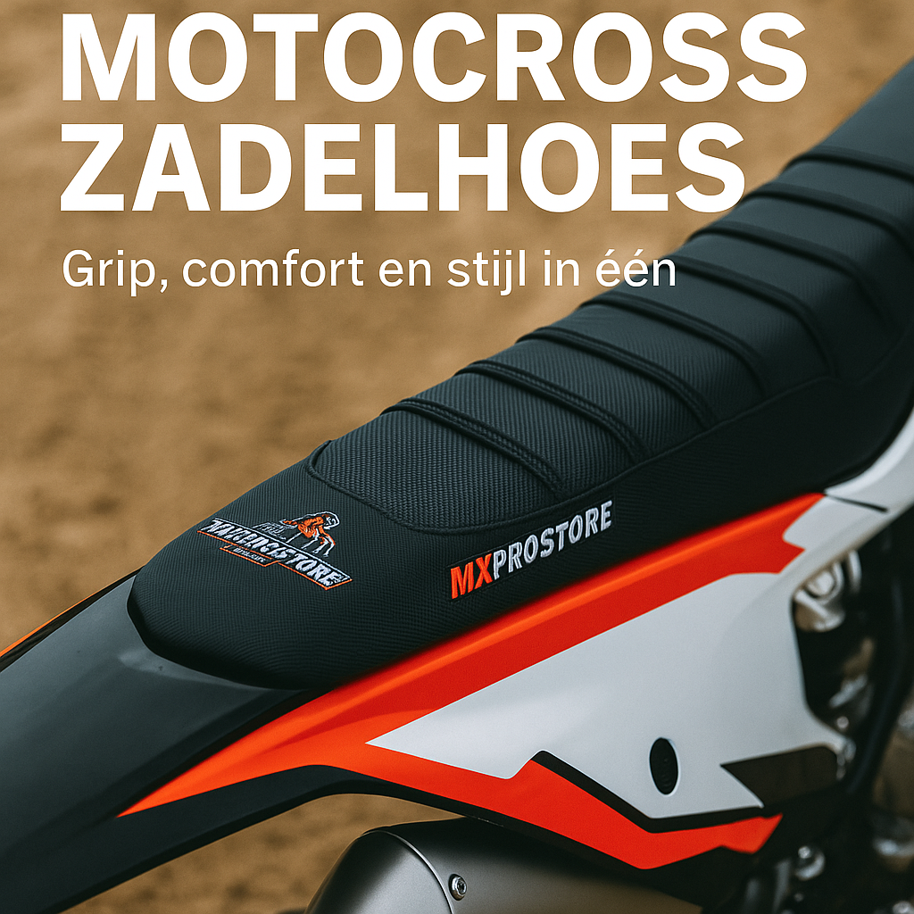 Close-up van motocrossmotor met nieuwe zadelhoes met gripribbels op zandbaan.