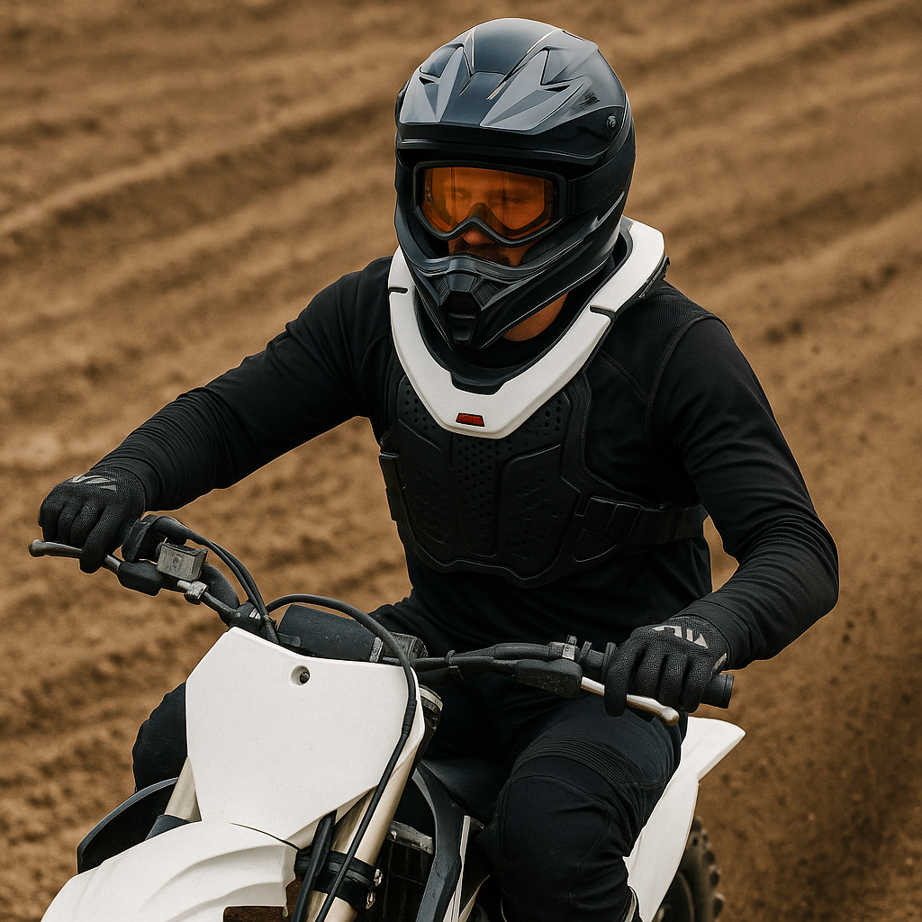 Motocross rijder met nekbrace, helm en bodyprotector in actie op zandbaan.
