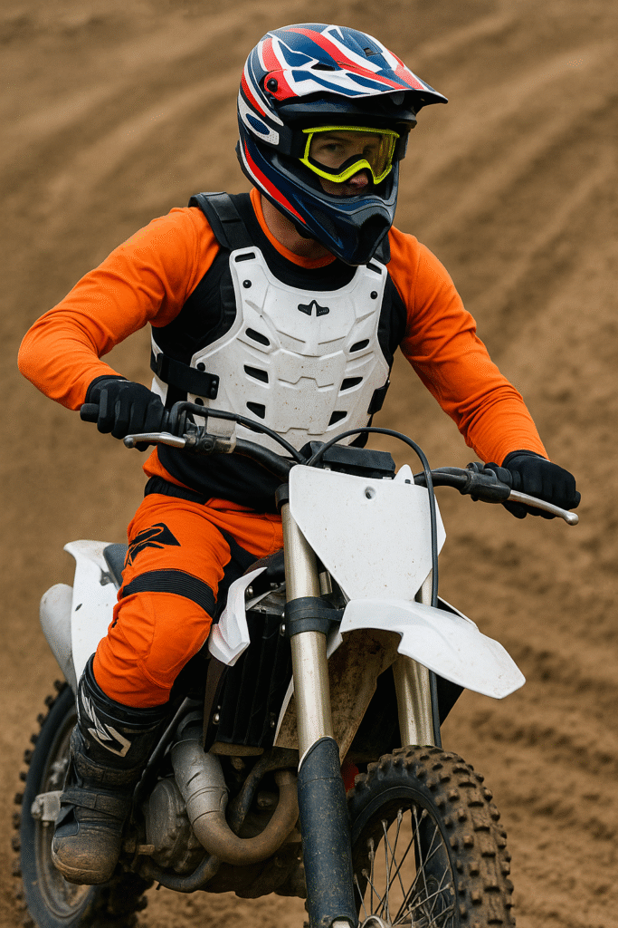 Motocross rijder met borstprotector zichtbaar over het shirt op zandbaan, professioneel gefotografeerd.