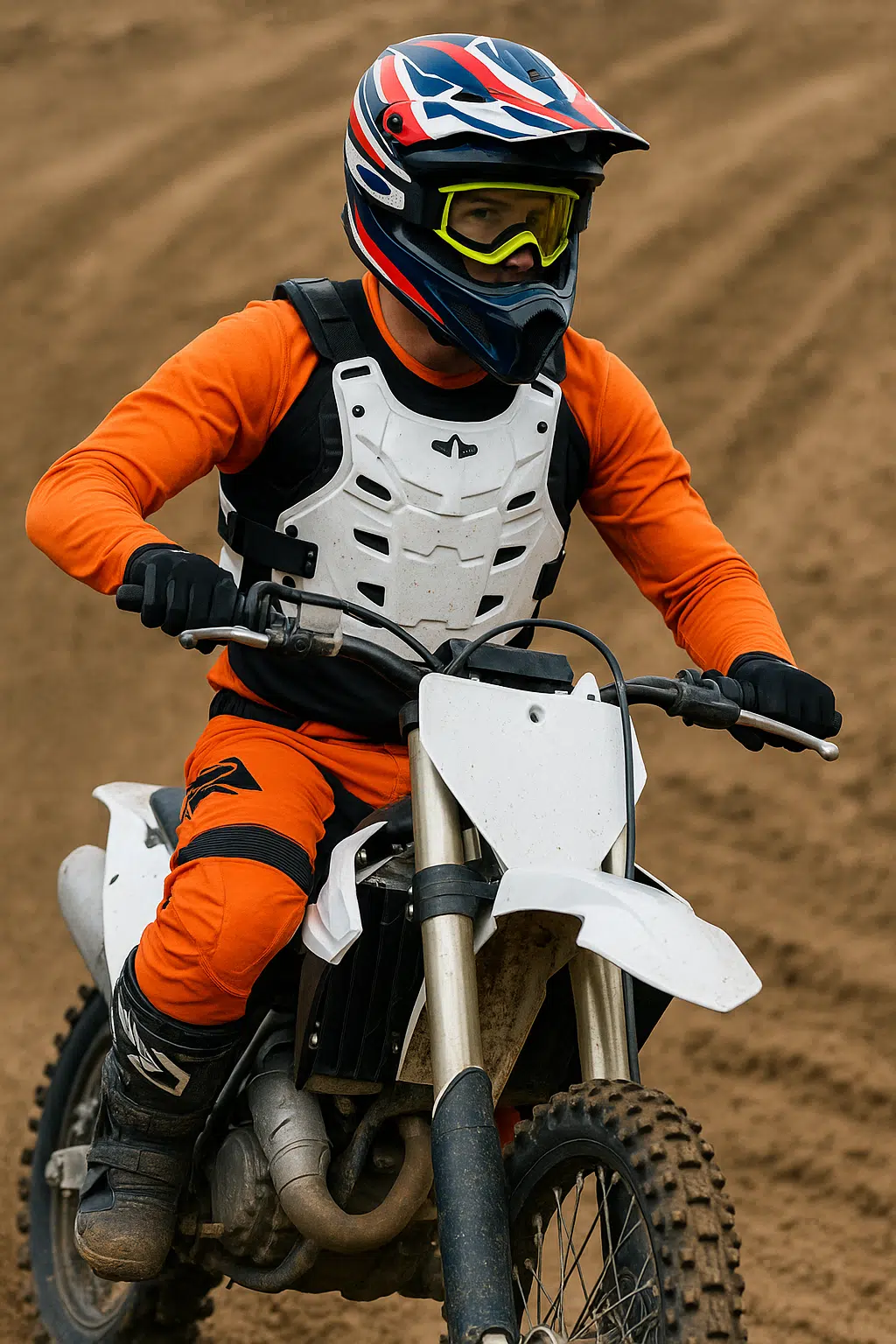 Motocross rijder met borstprotector zichtbaar over het shirt op zandbaan, professioneel gefotografeerd.