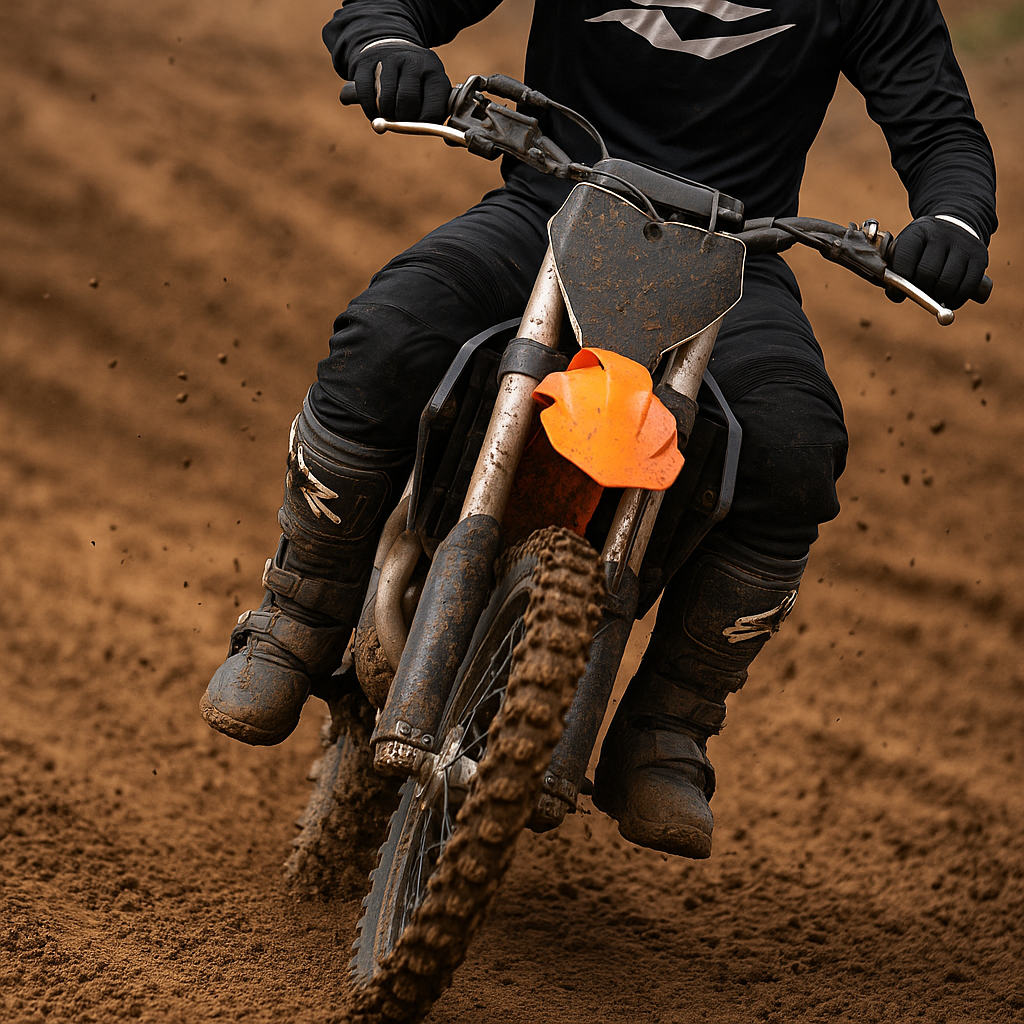 Motocross rijder met zwarte crosshandschoenen en stevige motocross laarzen, rijdend op modderige baan.