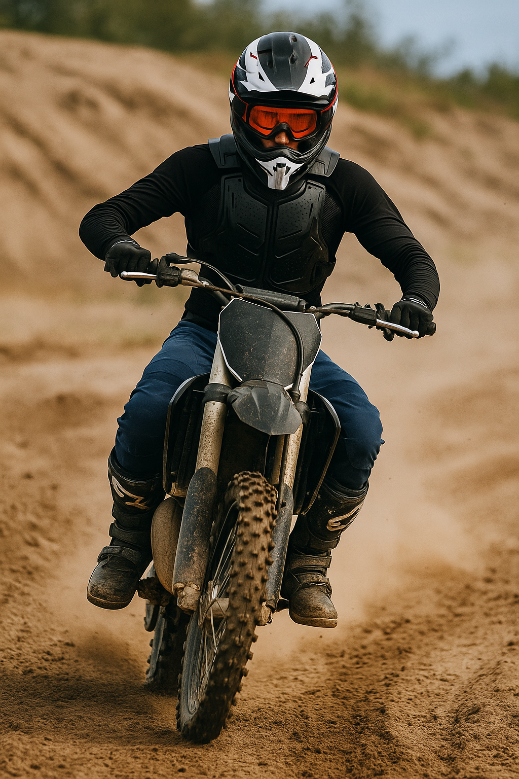 Motocross rijder volledig uitgerust met helm, laarzen, handschoenen en body armour, rijdend op zandbaan in actie.