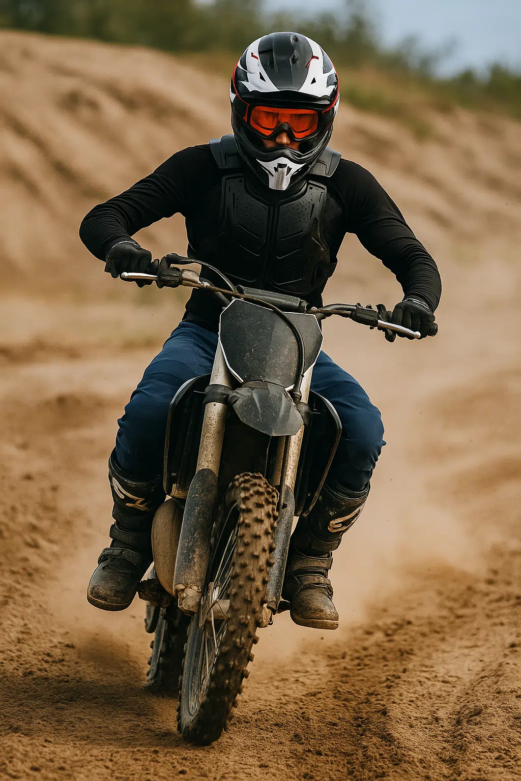 Motocross rijder volledig uitgerust met helm, laarzen, handschoenen en body armour, rijdend op zandbaan in actie.