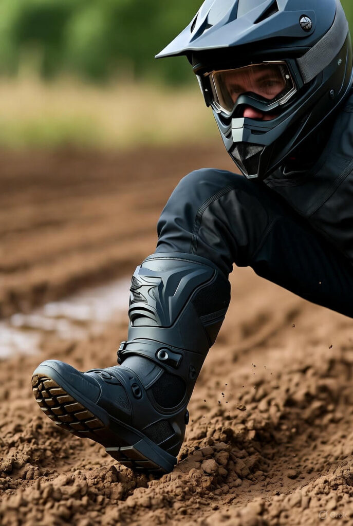 Motocross rijder met zwarte motocross laarzen, helm en crossbroek op modderige baan.